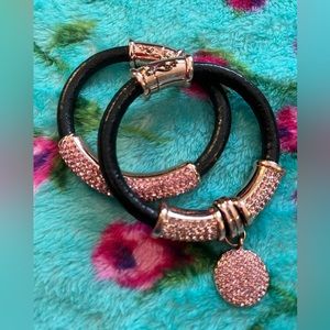 JOAN BOYCE SET of 2 Black Leather & Rose Gold Pave Barrel-Rolled Bracelets!